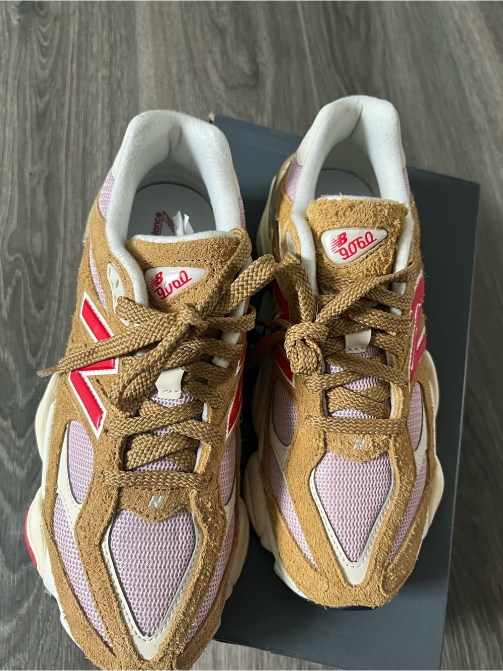 New Balance Women's Pink & Tan Suede Sneakers with Red Logo